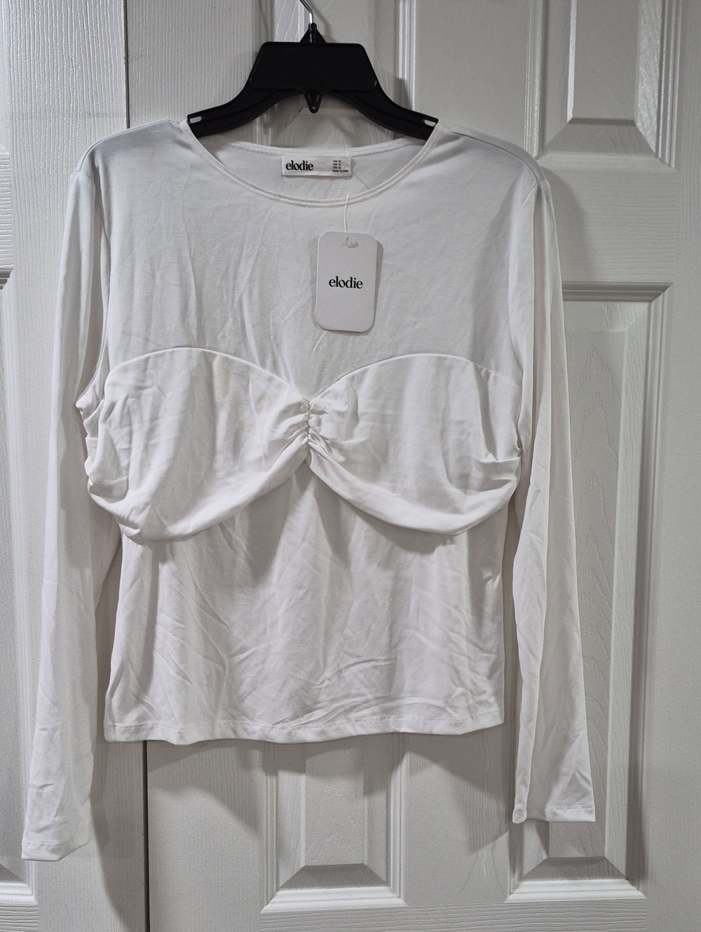 Elodie White Long-Sleeve Gathered  Front Top